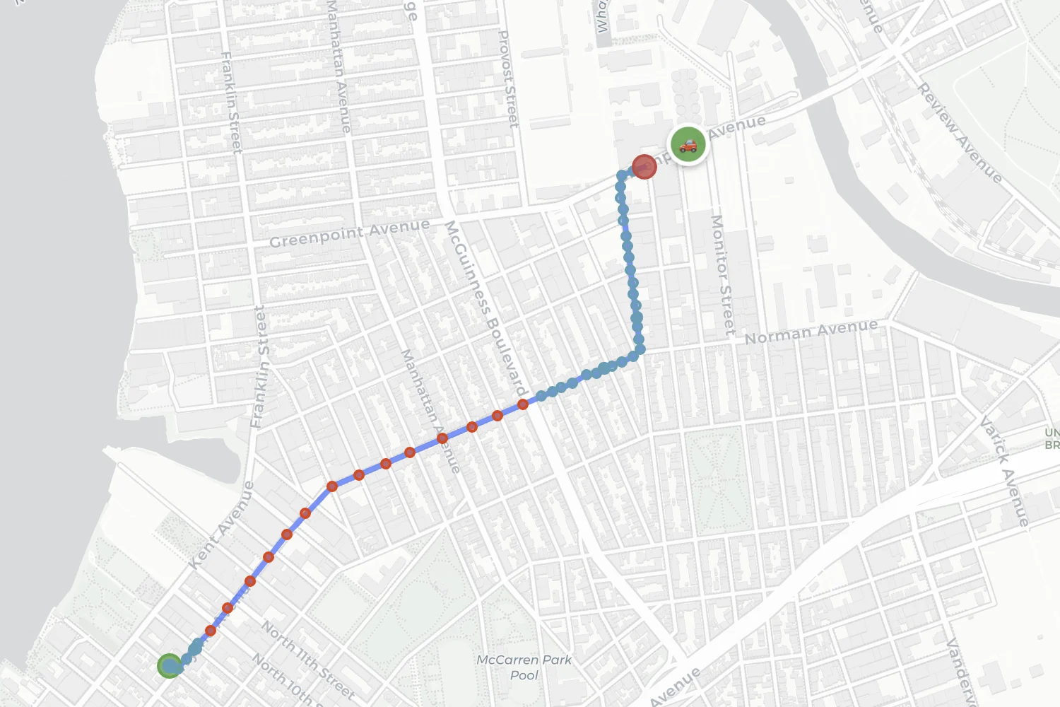 Trip along McGuinness Boulevard with over-limit points highlighted in red