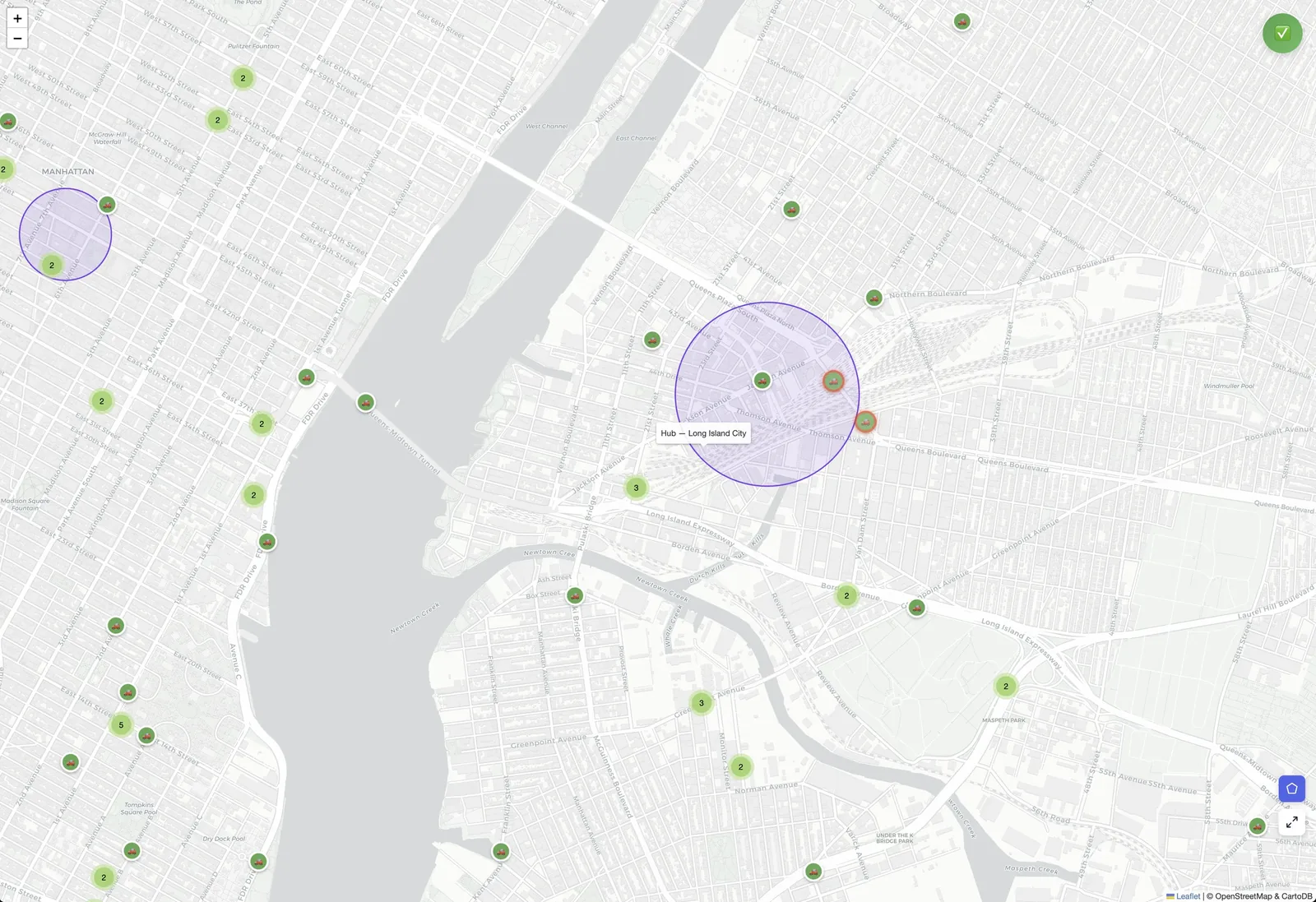 Geo-zone "Hub — Long Island City" with vehicles inside, and a Midtown customer zone