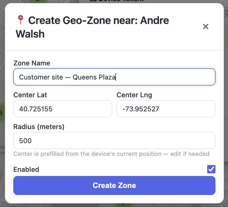Create geo-zone form pre-filled from the vehicle's position