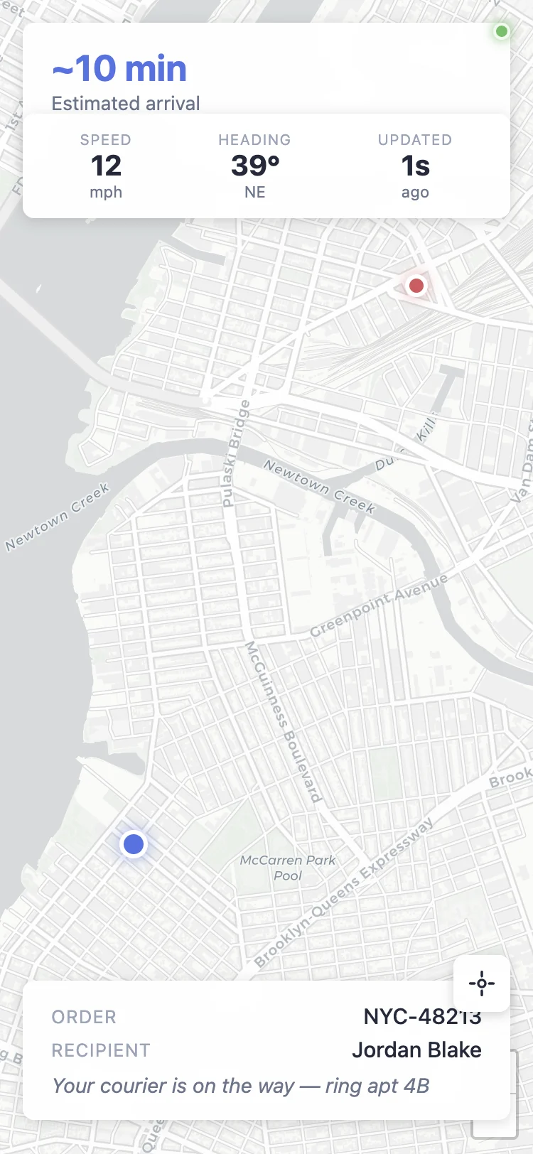 Customer tracking page on a phone showing estimated arrival time, speed and order details