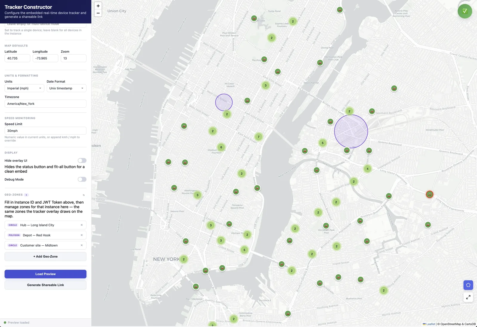 Tracker Constructor with settings panel and live map preview